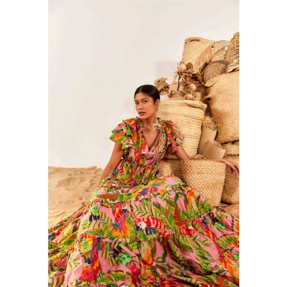 💕FARM RIO💕 Macaw Leaves Flutter Sleeve Maxi Dress XL - Picture 1 of 7